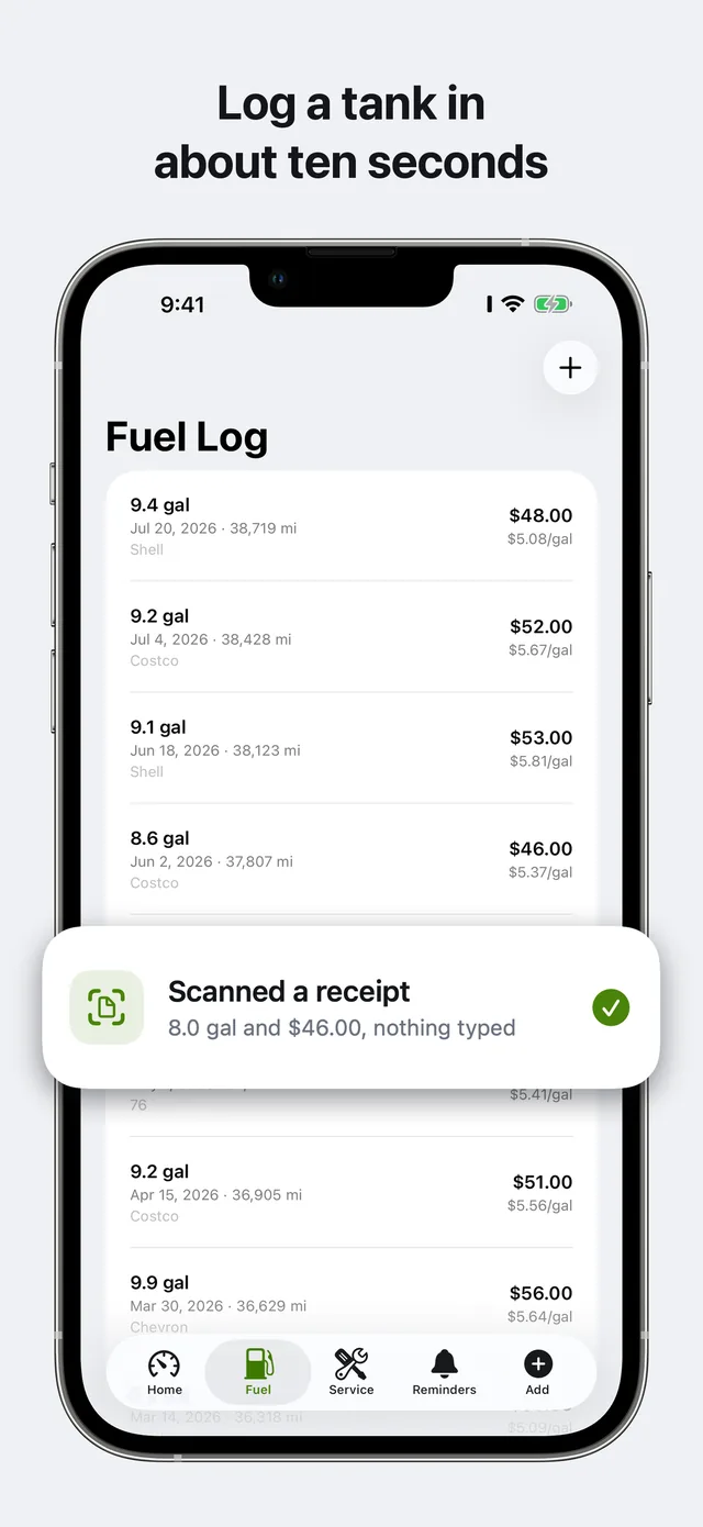 Carvico fuel log with fill-ups and MPG