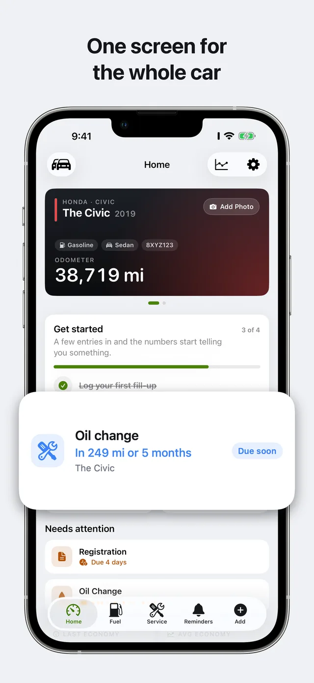 Carvico home screen showing vehicle, due reminders and recent entries