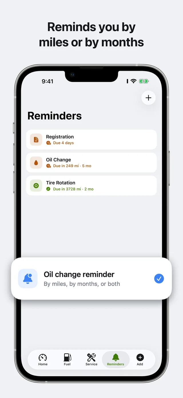 Carvico reminders with mileage and time intervals